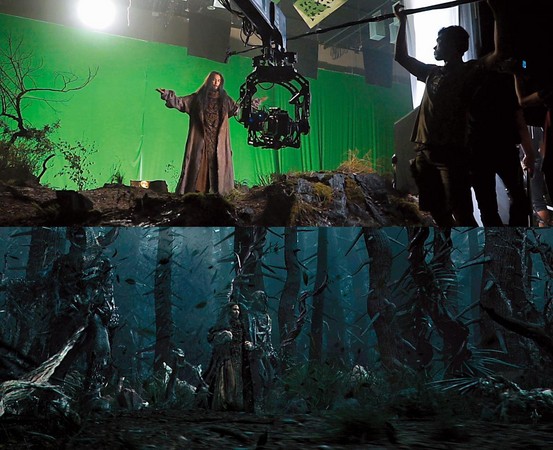 演员李政宰先在绿幕前演戏（上图）， 再用电脑打造出更自然的背景与 更立体的空间感（下图）。